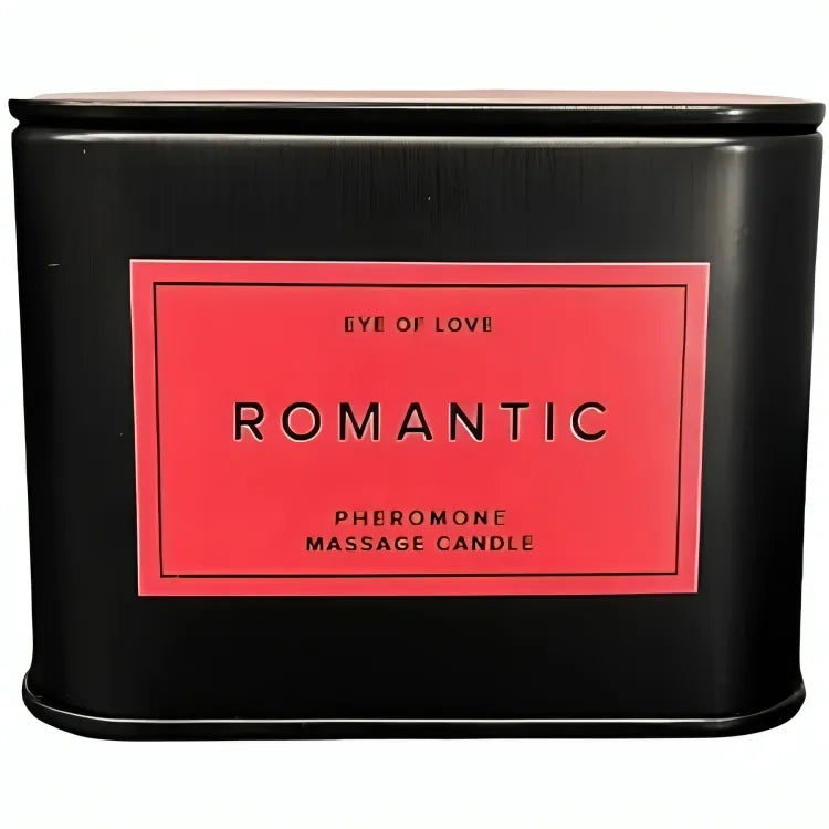 Bougie massage phéromones dans pot noir avec étiquette rouge, beurre de karité, senteurs citronnelle, menthe, santal.