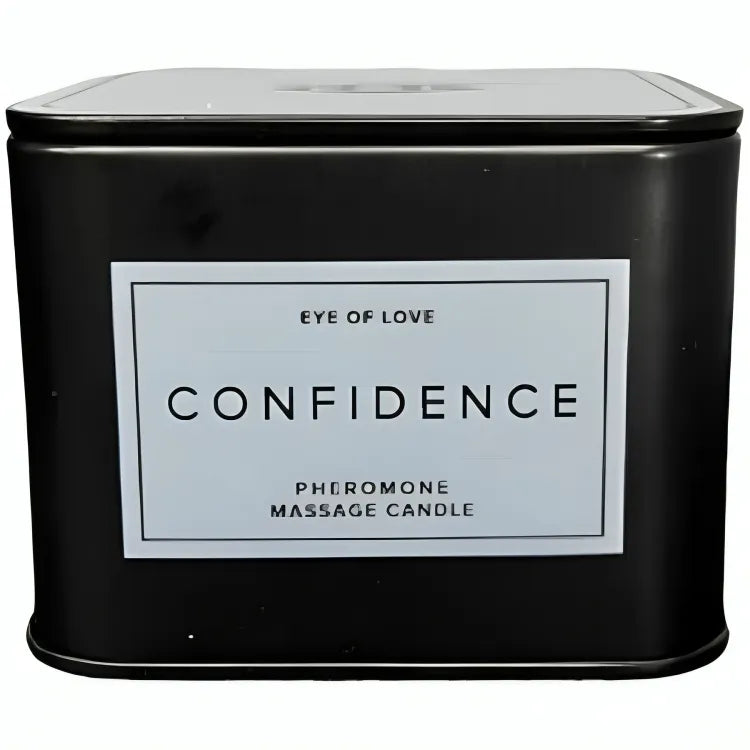 Bougie de massage phéromones homme, boîte noire, étiquette Confidence, arômes musqués, jasmin, miel, karité.