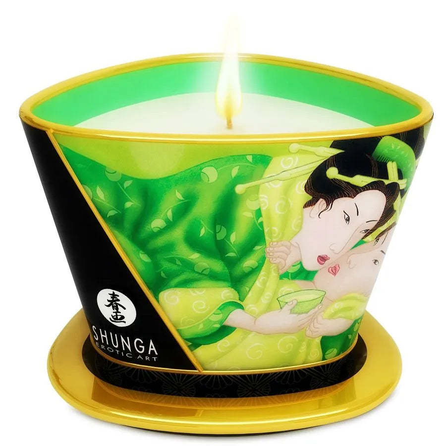 bougie massage érotique arôme thé vert huile chaude sensuelle soyeuse nourrissante naturelle relaxante intime Shunga inspirée japonaise fondante généreuse