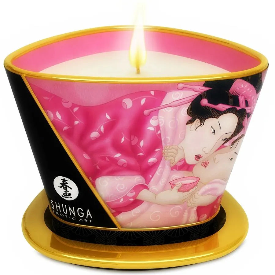 bougie massage Shunga arôme roses aphrodisiaques huile chaude soyeuse sensuelle relaxante romantique naturelle nourrissante raffinée japonaise luxueuse
