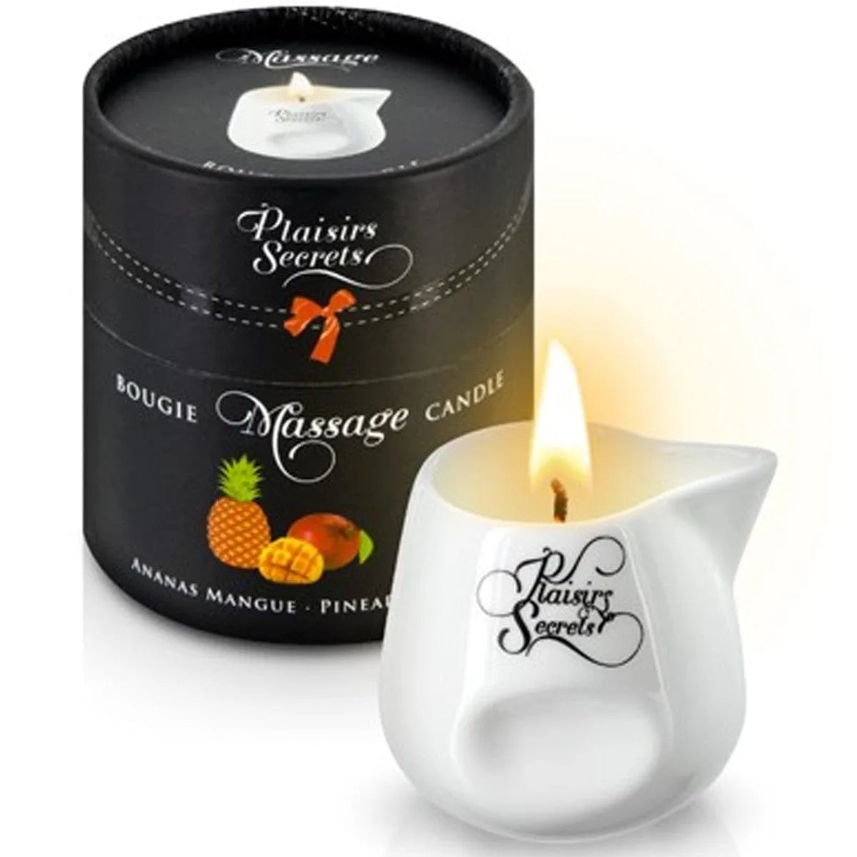 Bougie de massage ananas mangue, cire végétale, pot céramique blanc avec bec verseur, packaging élégant noir.