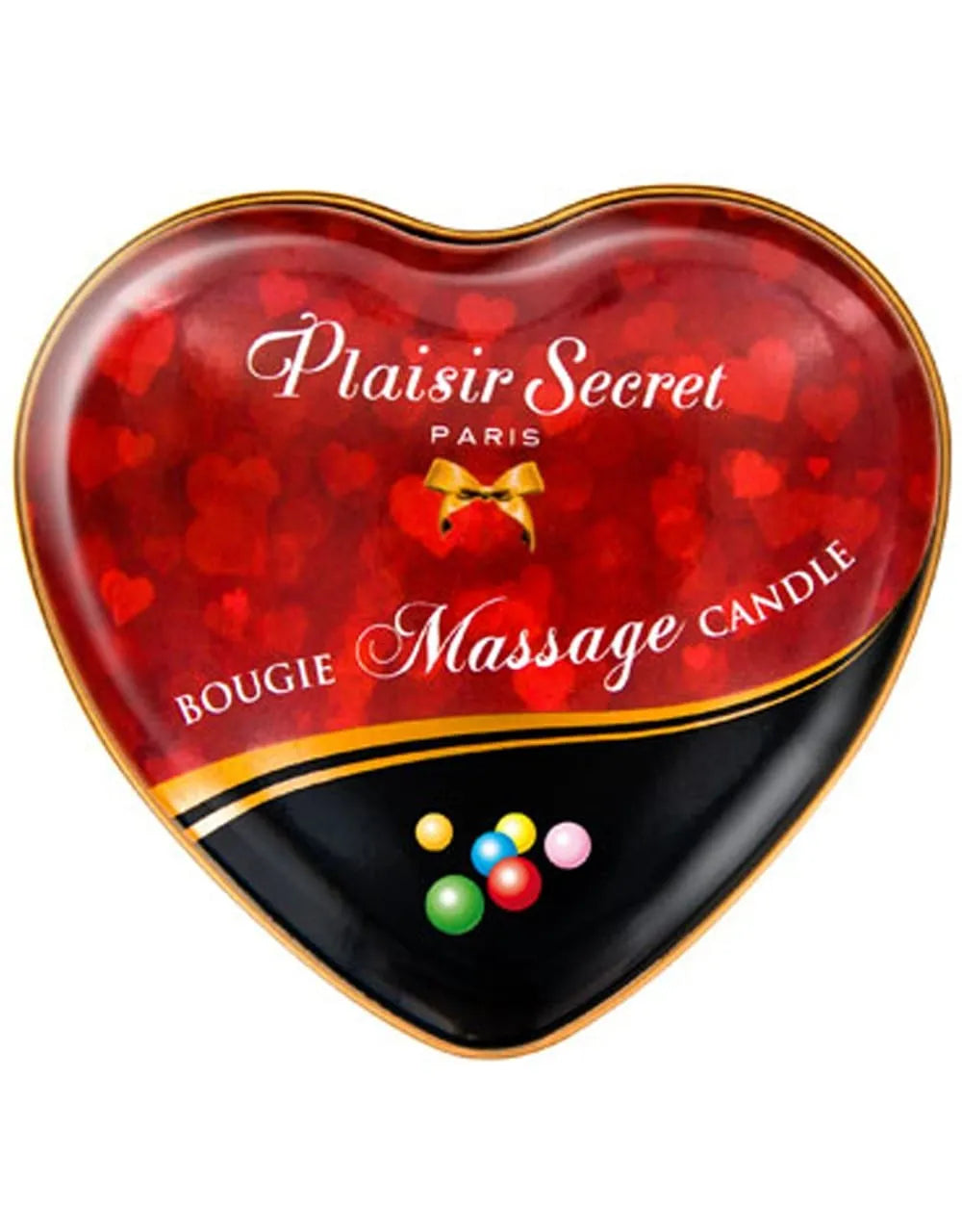 Bougie massage cœur métallique rouge, parfum bubble gum, boîte décorative, 35ml, pour moments sensuels et relaxants.