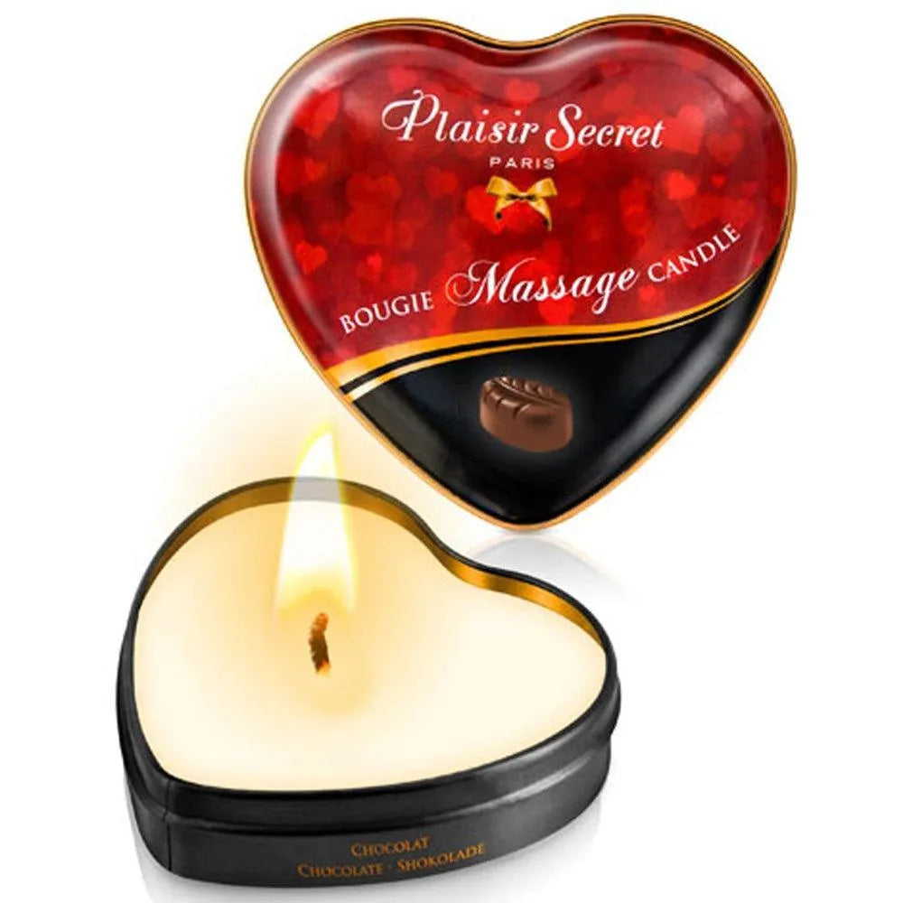bougie massage chocolat coeur métal boîte 35ml parfum gourmand huile chaude fondante sensuelle romantique cocooning