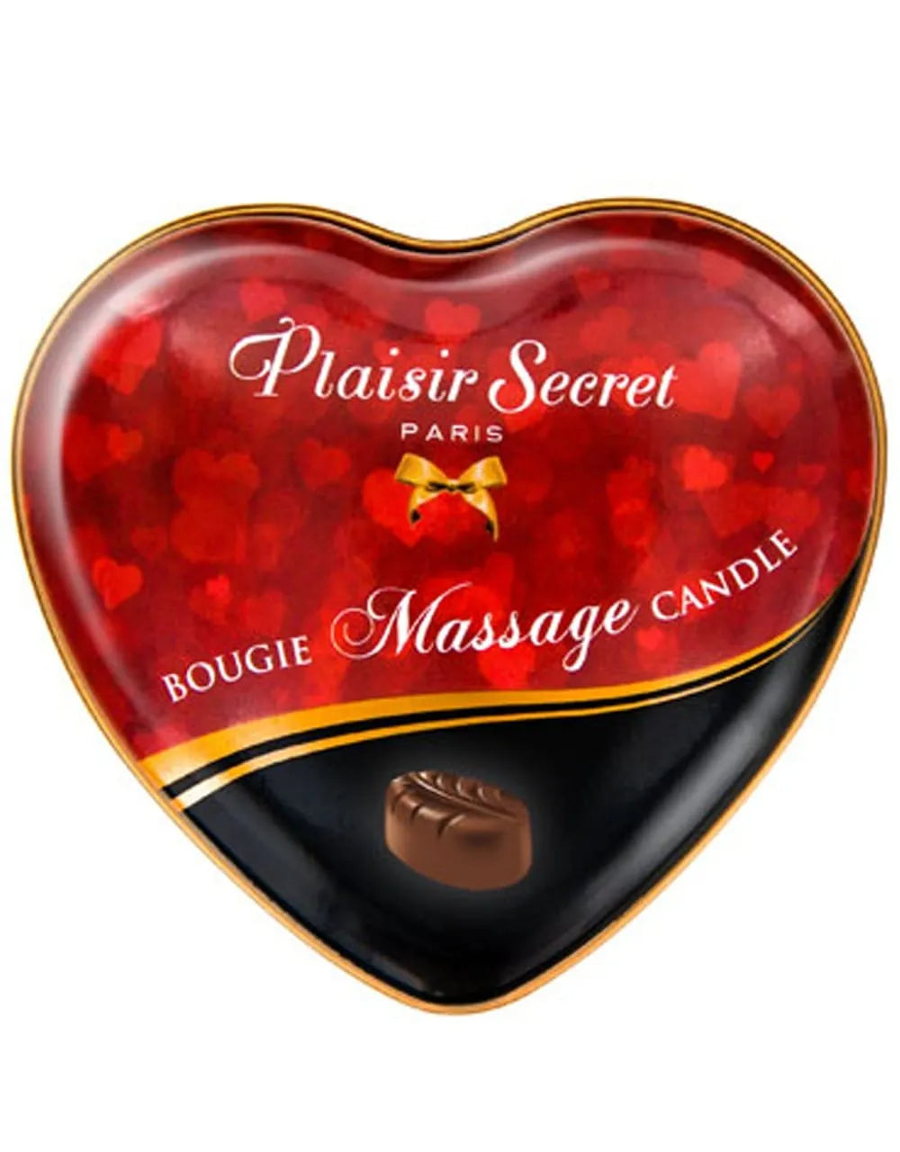 Bougie de massage en boîte cœur métal rouge, parfum chocolat, 35ml, huile fondante sensuelle et romantique.