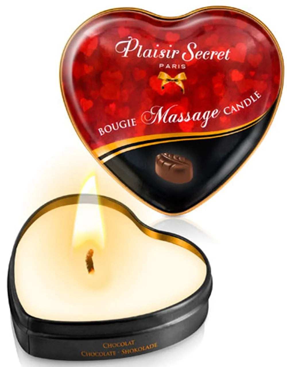 Bougie de massage chocolat en boîte cœur métal, cire fondante, parfum gourmand, ambiance romantique et sensuelle.