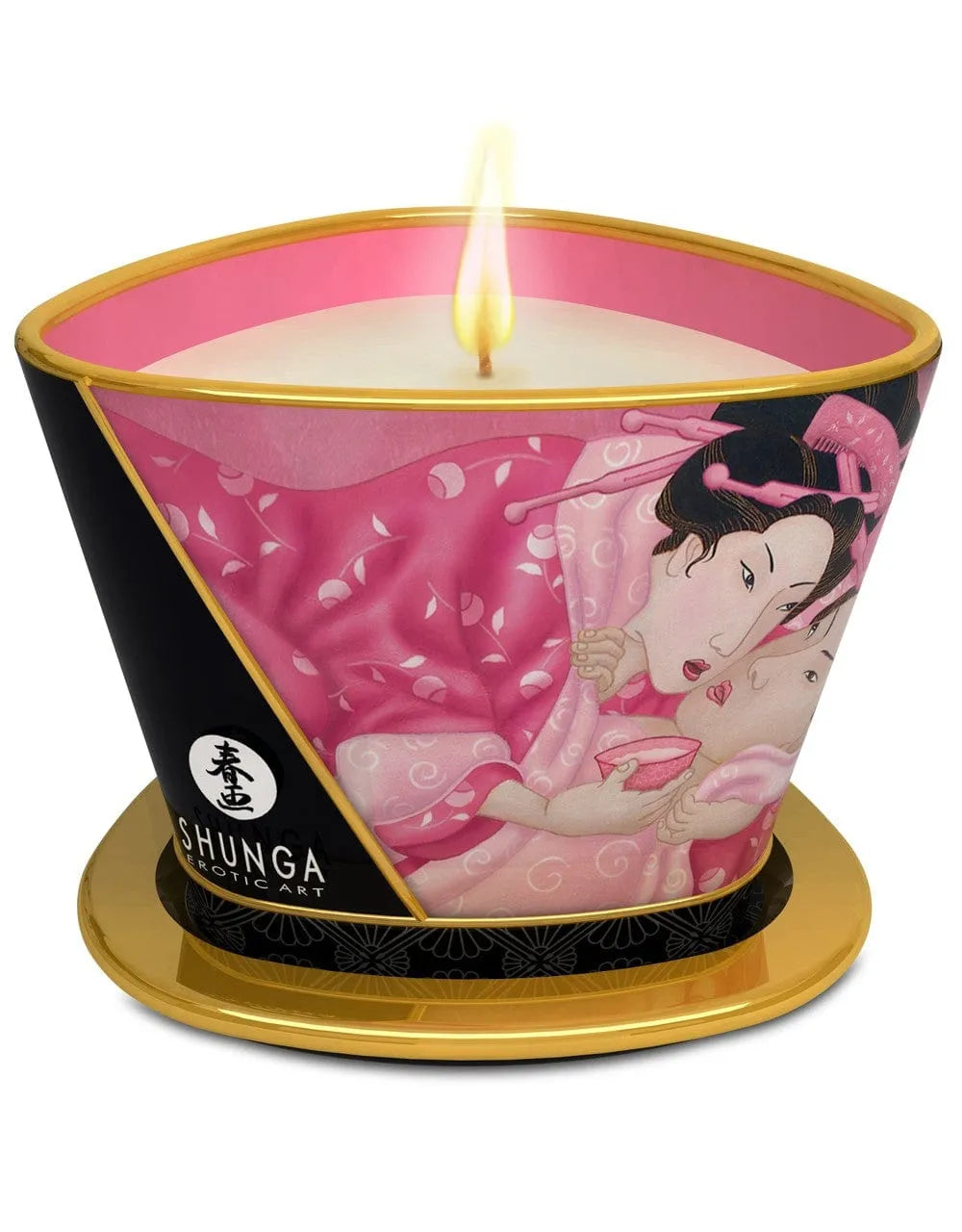 Bougie de massage rose, pot décoratif, cire chauffante, ambiance relaxante, huiles naturelles, peau soyeuse.