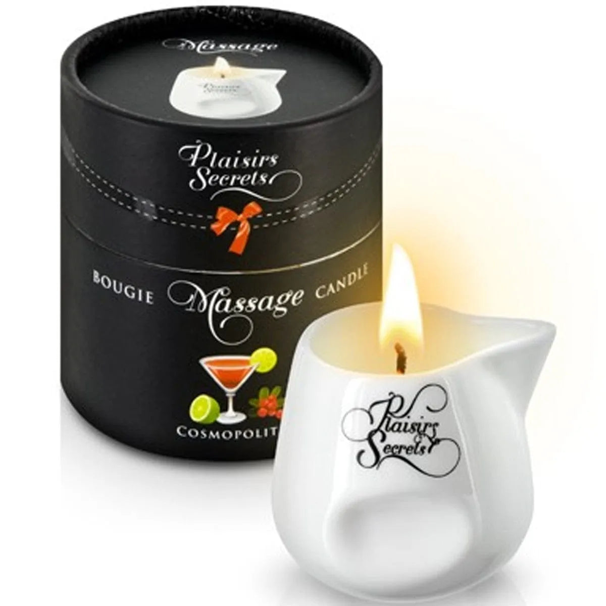 Bougie massage cosmopolitan en céramique blanche avec bec verseur, packaging noir élégant, cire végétale parfumée.