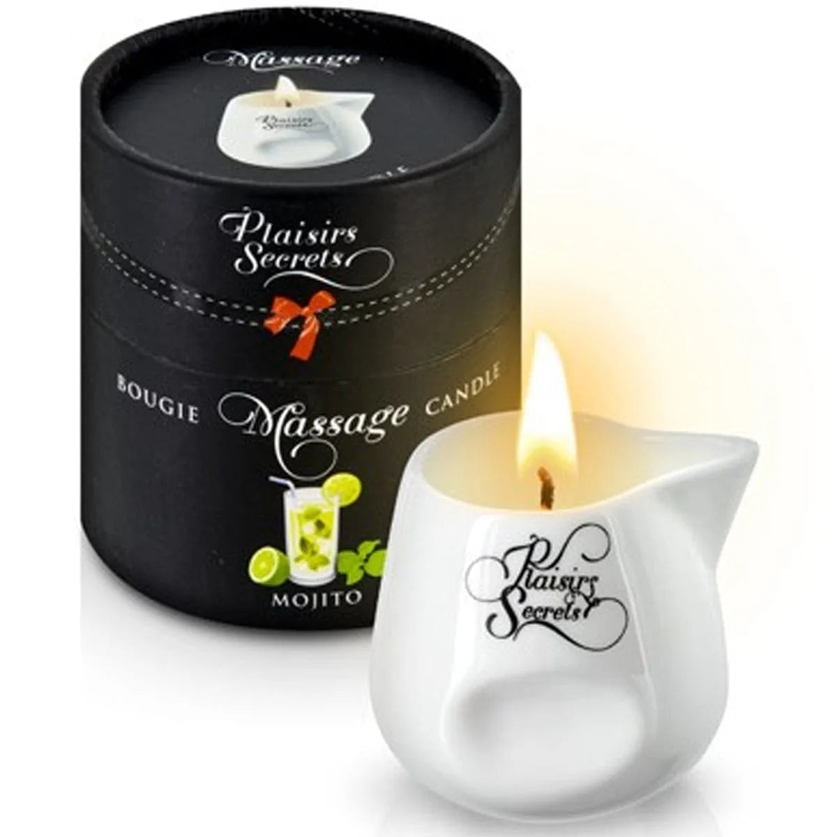 Bougie massage parfumée mojito en pot céramique blanc avec bec verseur, flamme allumée, boîte noire élégante.