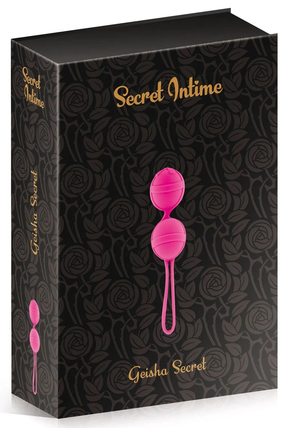 Boules de Geisha fuchsia en silicone, texture douce, dans boîte compacte noire avec motifs floraux, pour rééducation périnée.