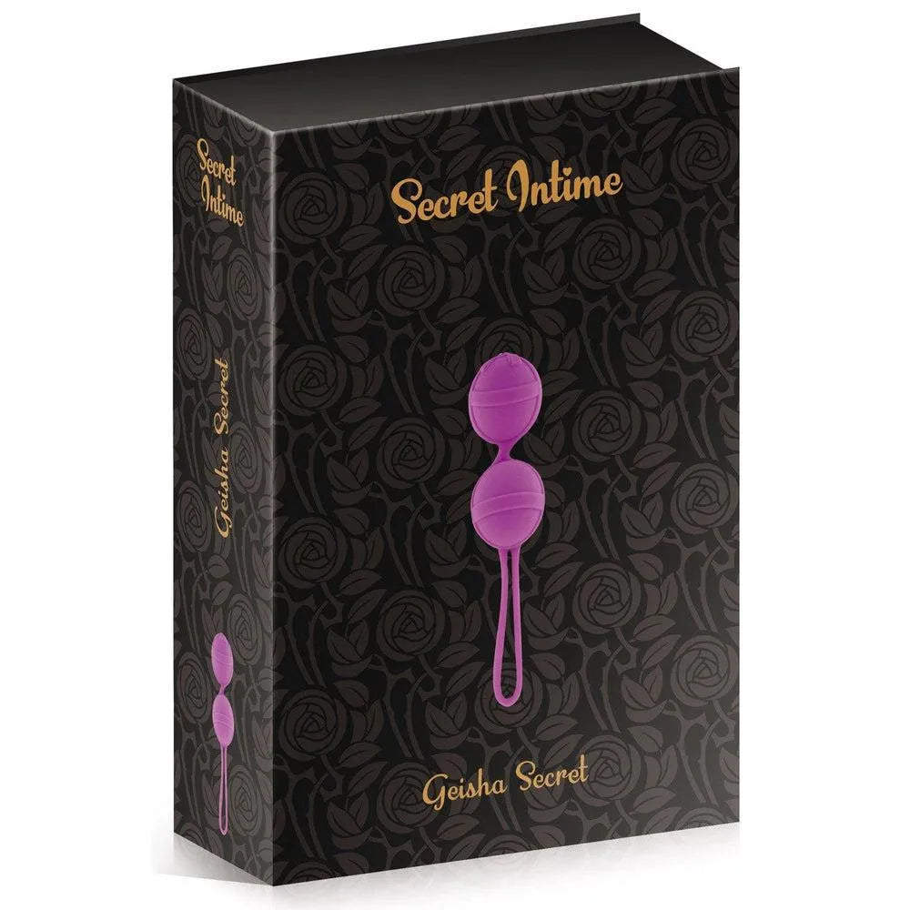 Boules Geisha violettes en silicone souple, forme ergonomique, stimulation périnéale, étanche, sans phtalates.