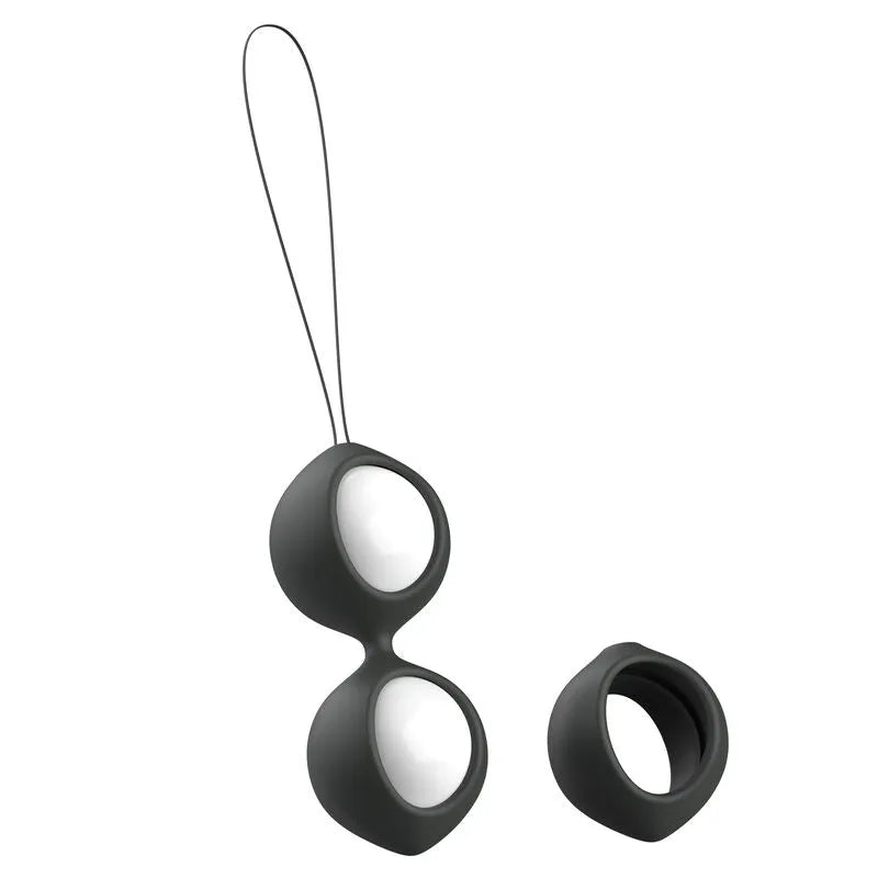 Boule de Geisha noire en silicone avec harnais flexible, idéale pour entraînement périnée, débutantes et expérimentées.