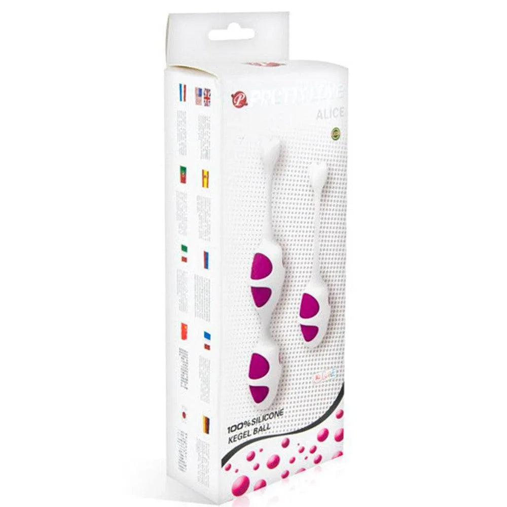 Boules de Geisha blanches et roses en silicone, double texture, dans un emballage avec texte multilingue.