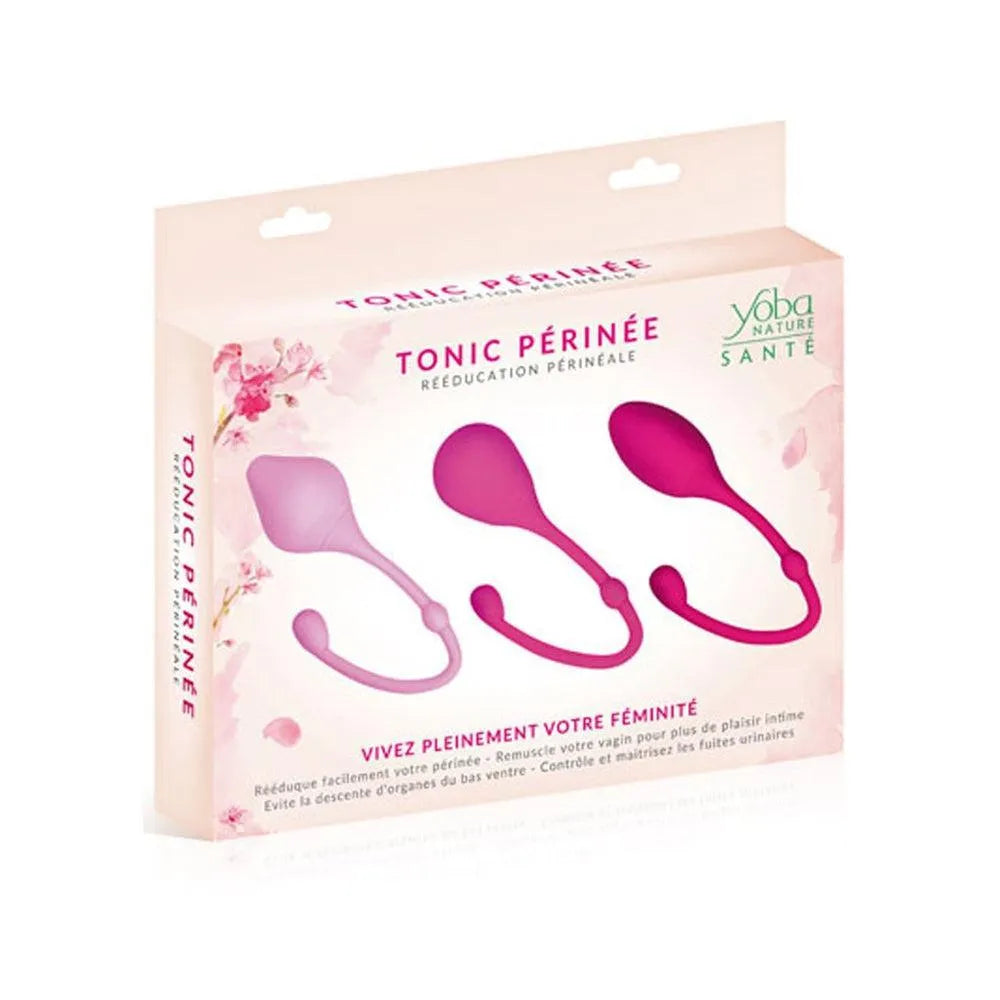 Boules de Geisha en silicone, trois couleurs et poids variés, pour renforcement périnée, avec livret d'exercices inclus.