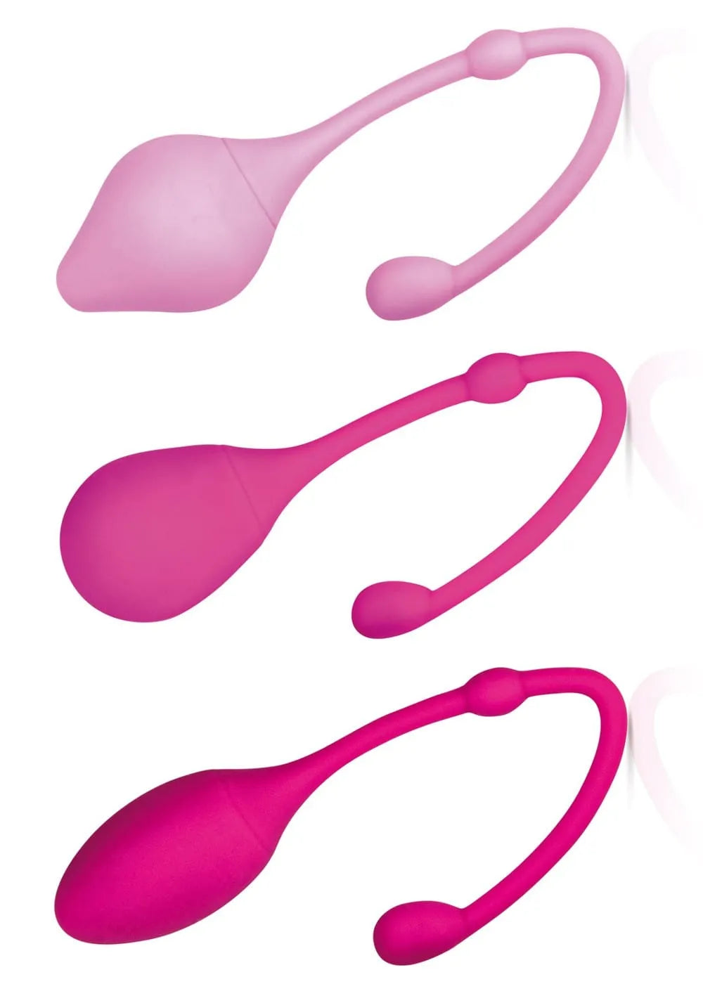 Boules de geisha en silicone rose, trois formes et poids variés, pour renforcement périnéal et rééducation postnatale.