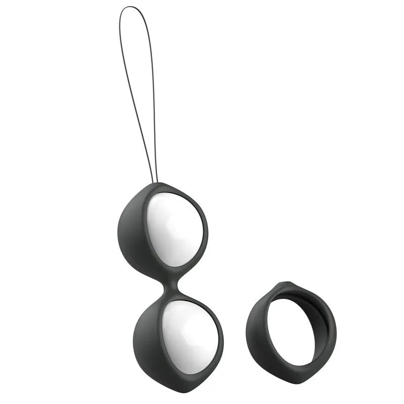 Boule de Geisha en silicone noir avec poids ajustables, harnais ergonomique, pour entraînement pelvien et bien-être intime.