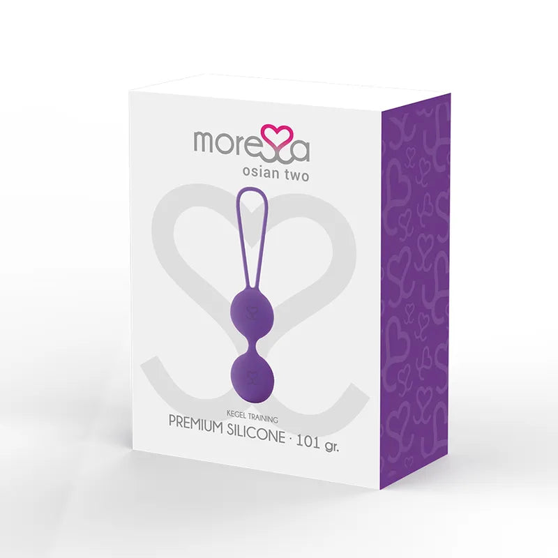Boules de geisha violettes en silicone hypoallergénique, forme ergonomique, boîte blanche avec motifs discrets.