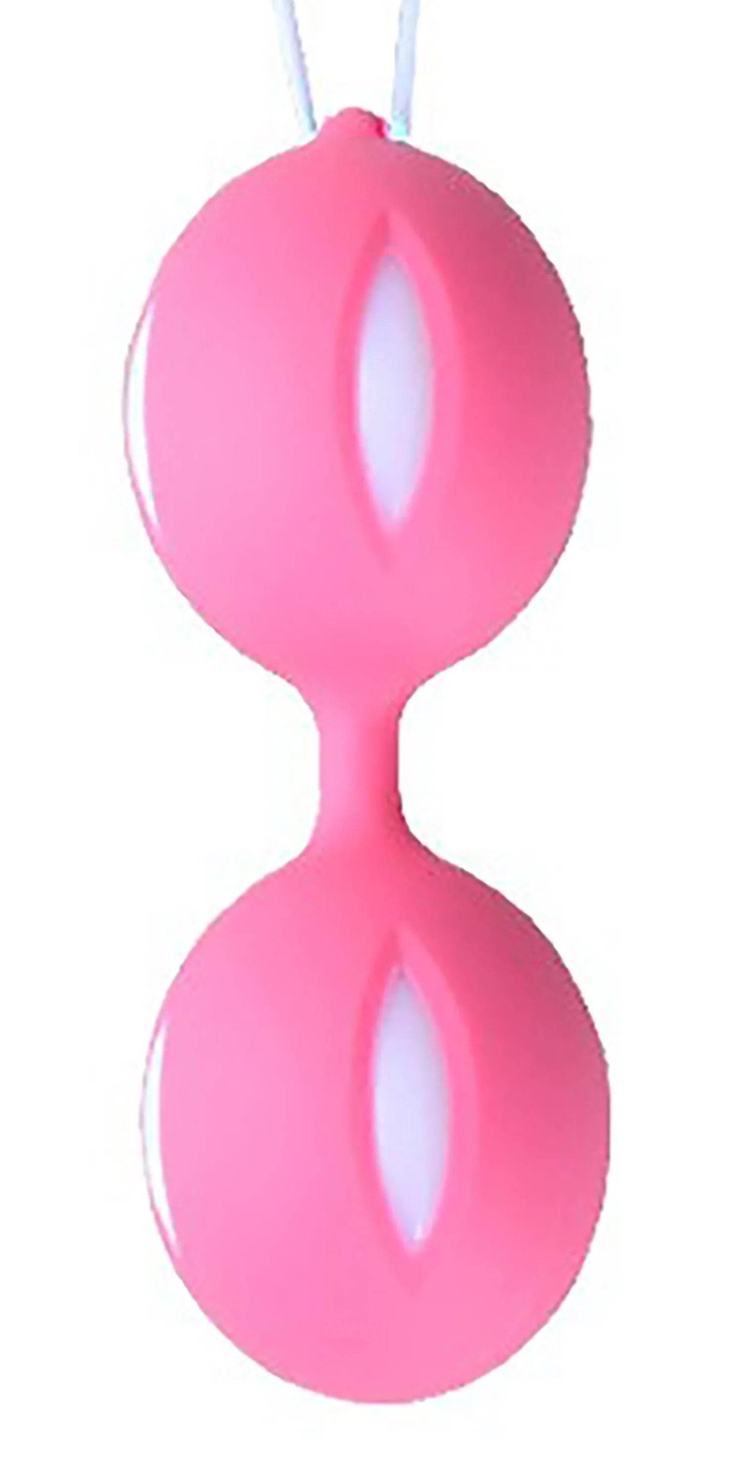 Boules de Geisha rose et blanche en silicone médical, forme élégante pour stimulation et tonification périnéale.