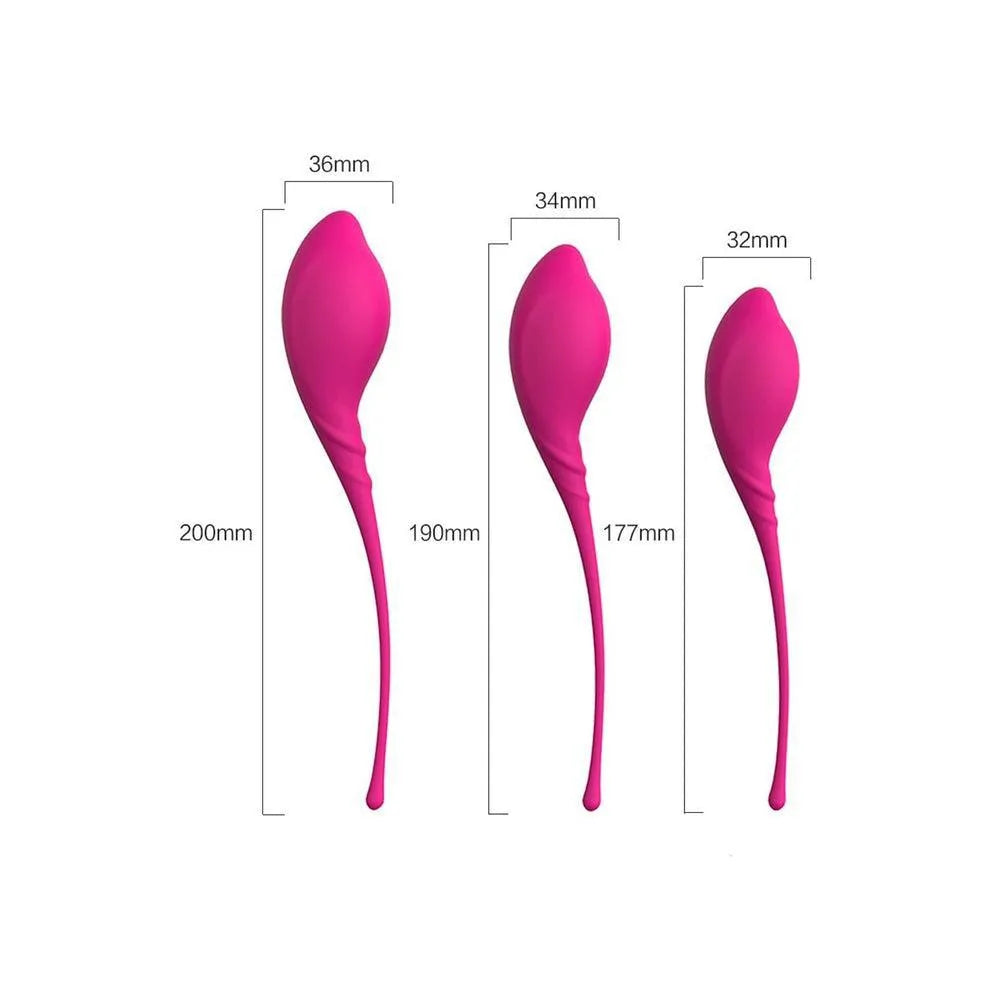 Boules Geisha vibrantes roses en silicone, trois tailles, pour rééducation périnéale et stimulation intense, design élégant.