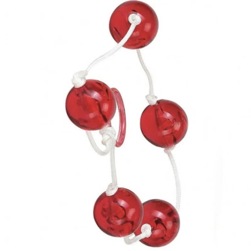 Boules anales rouges débutants, cinq boules 2 cm, plastique rigide transparent, cordon souple, anneau retrait.