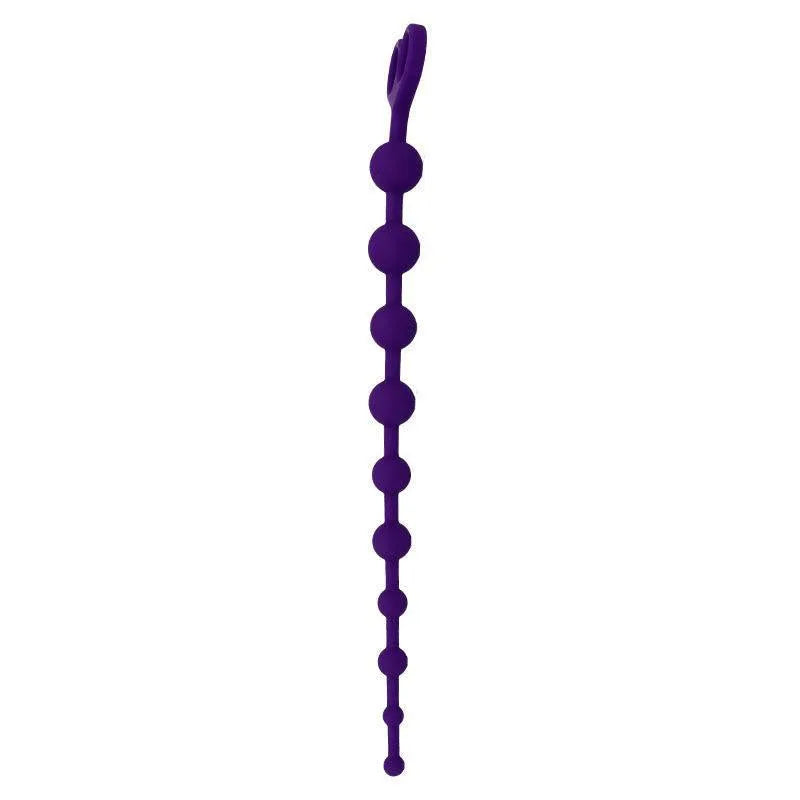 Boules anales en silicone violet, hypoallergéniques, souples, avec poignée ergonomique pour stimulation progressive.