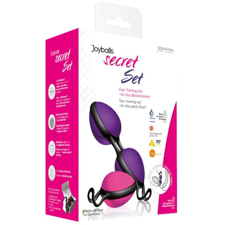 Boules chinoises en silicone rose et violet avec boucle ergonomique, coffret luxueux pour entraînement pelvien discret.