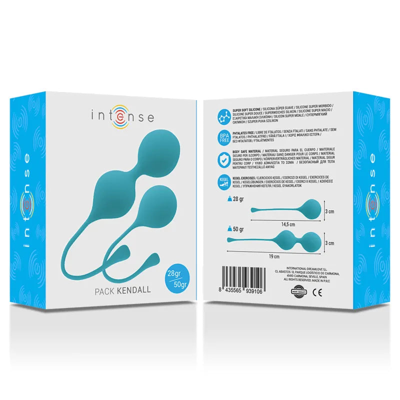 Boules chinoises silicone bleues, ergonomiques, pour tonification pelvienne, avec double poids 28g et 50g, Pack Kendall.