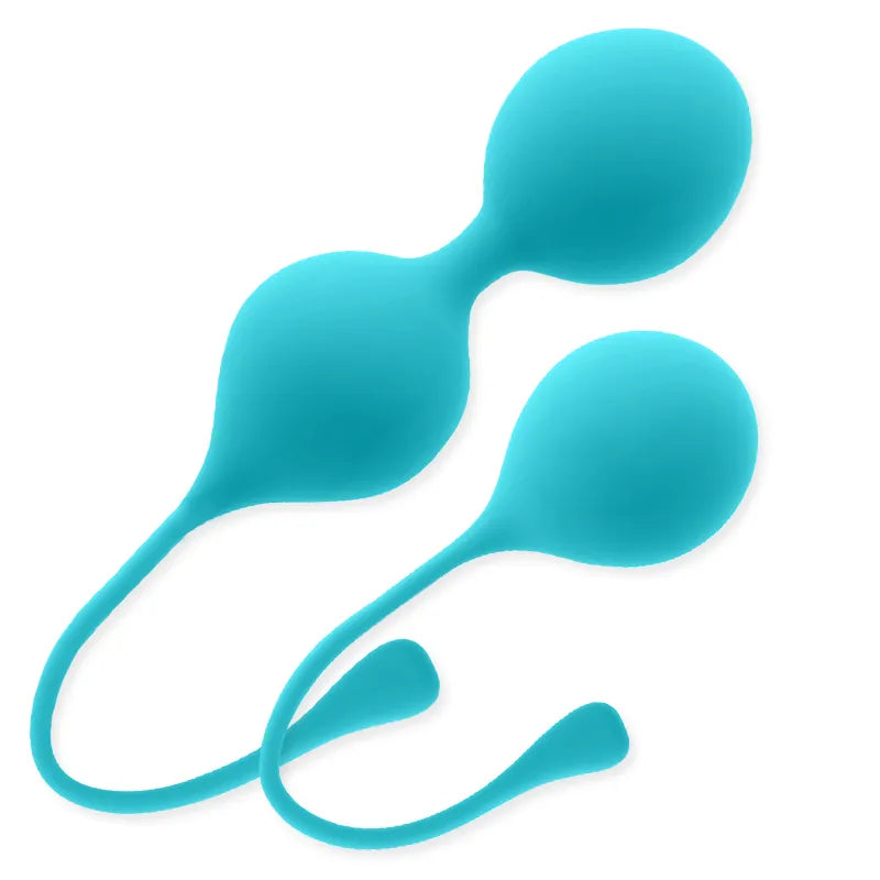 Boules chinoises bleues en silicone hypoallergénique pour tonification pelvienne, deux tailles, design ergonomique.