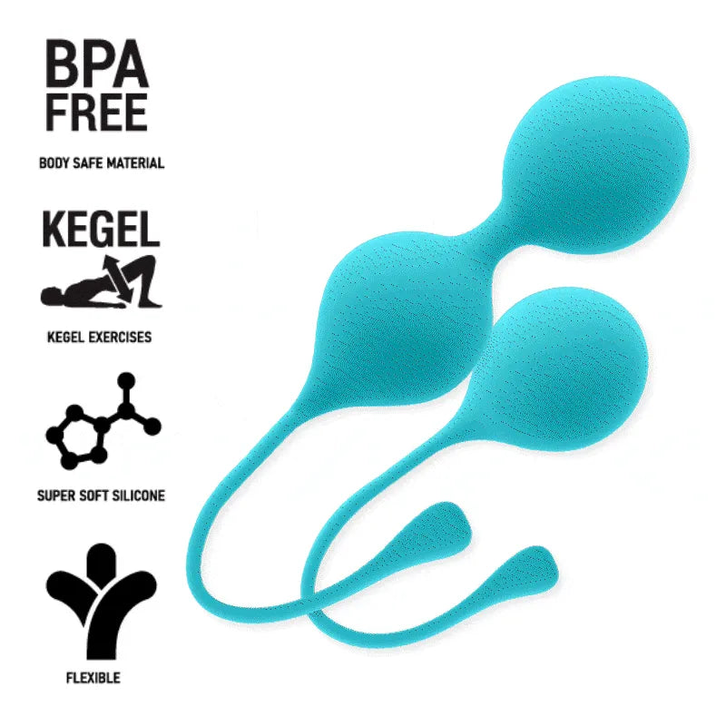 Boules chinoises bleues en silicone hypoallergénique pour tonification pelvienne, avec deux poids et surface veloutée.