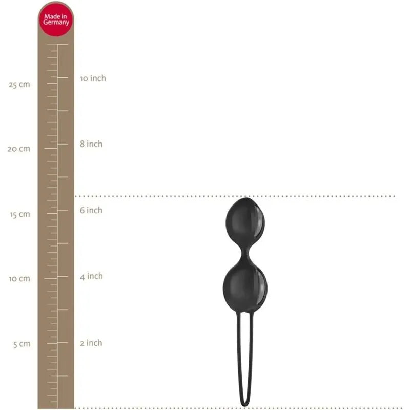 Boules de geisha noires en silicone hypoallergénique avec cordon, pour renforcement pelvien, taille indiquée par règle.