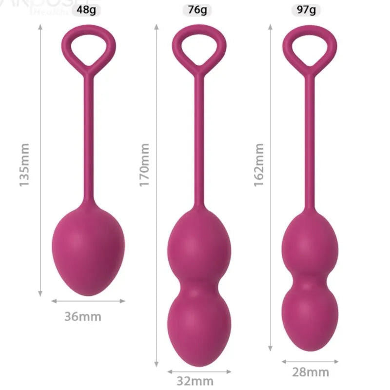 Boules de Geisha Bourgogne en silicone, trois tailles, poids ajustables, ergonomiques pour tonification du plancher pelvien.