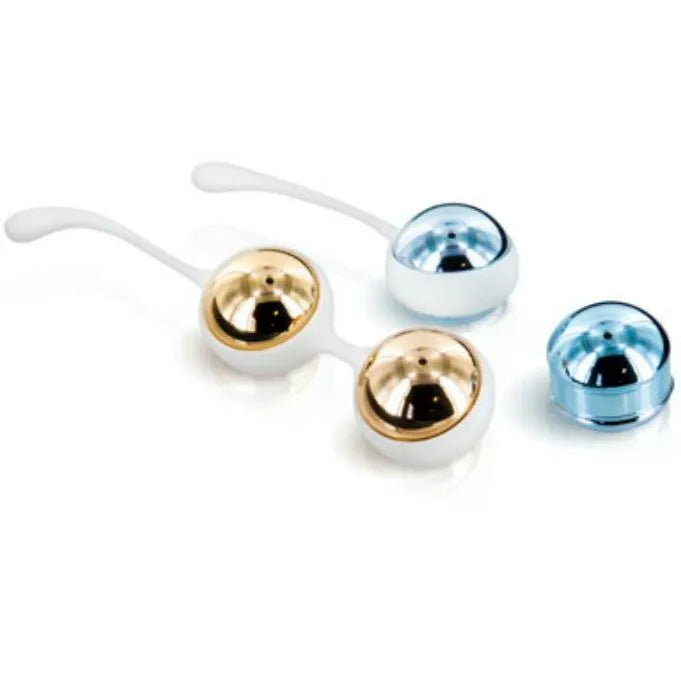 Boules Geisha Nalone Yani en aluminium doré et argenté, interchangeables, avec cordons blancs pour exercices pelviens.