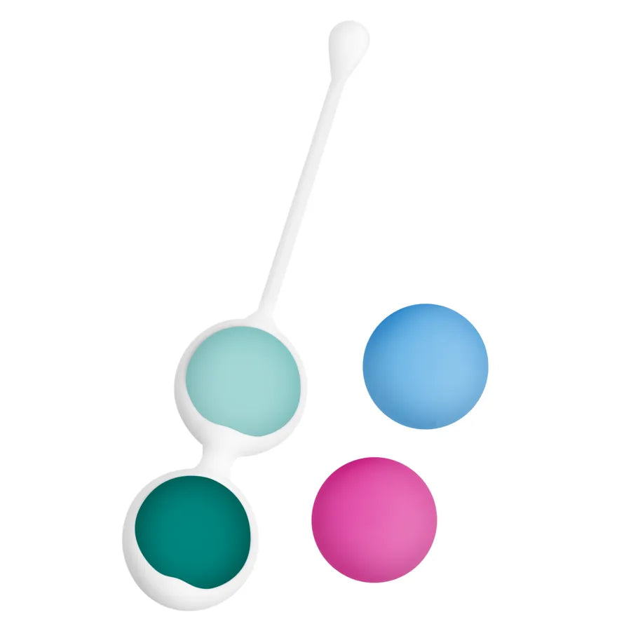 Boules Geisha en silicone médical, quatre poids colorés, ergonomiques, pour renforcement du plancher pelvien.