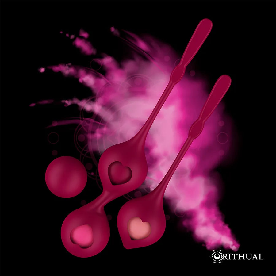 Boules Geisha roses en silicone médical avec cœurs, quatre poids progressifs, fond noir et rose, renforcement pelvien.