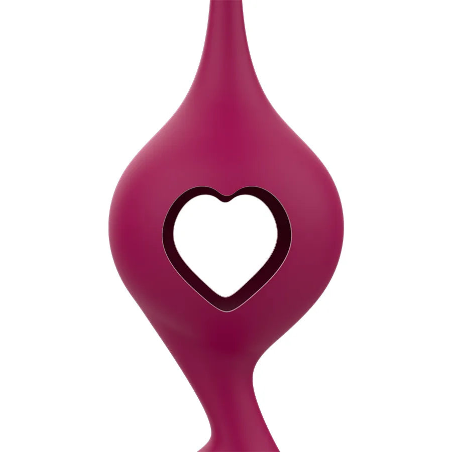 Boules Geisha en silicone médical rose avec cœur ajouré, quatre poids progressifs pour renforcement pelvien.