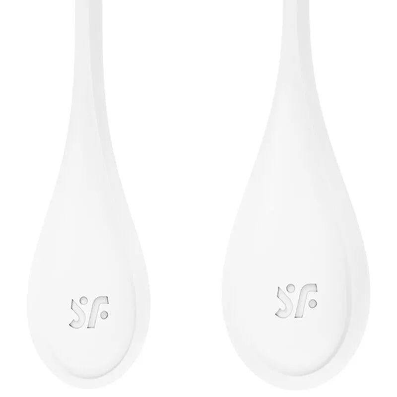 Boules de Geisha blanches en silicone médical avec anneau, pour entraînement pelvien et renforcement périnée.