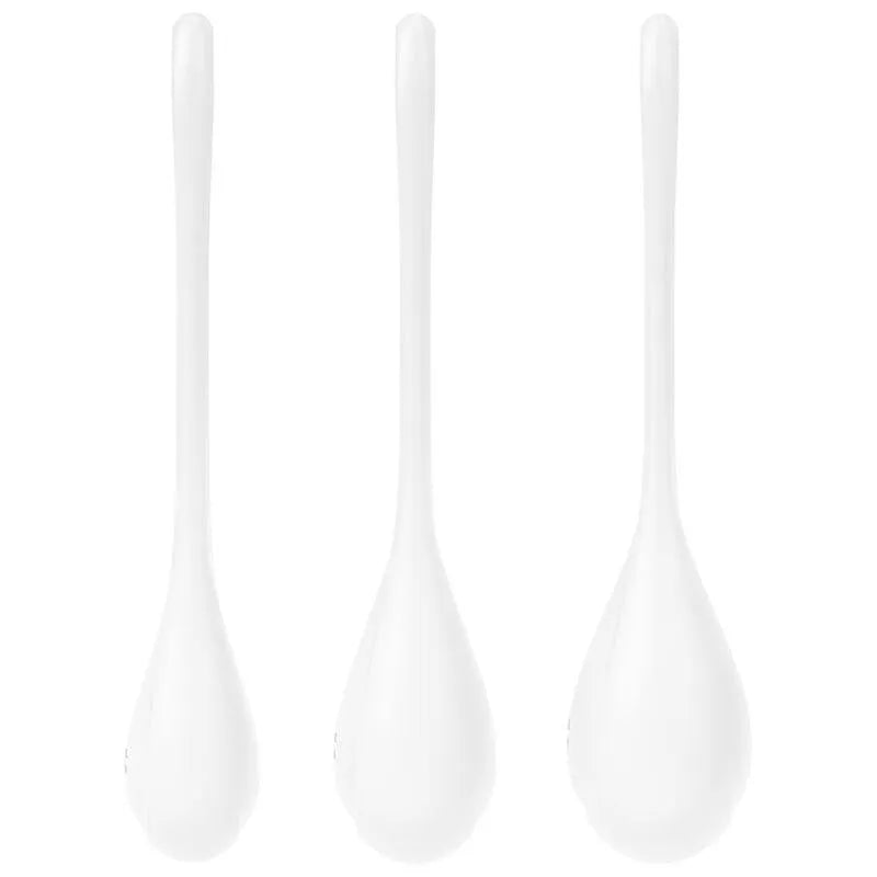 Boules de Geisha blanches en silicone médical avec anneau, pour entraînement pelvien et renforcement périnée.