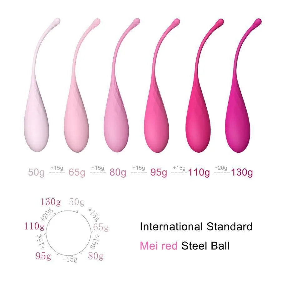 Boules de Geisha en silicone rose dégradé, 6 poids progressifs pour renforcement pelvien, étanches et ergonomiques.