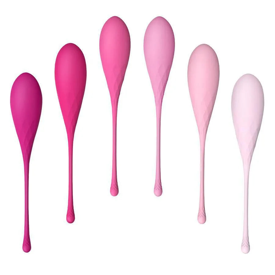 Boules de Geisha en silicone rose, différentes tailles, pour renforcement pelvien et bien-être intime féminin.