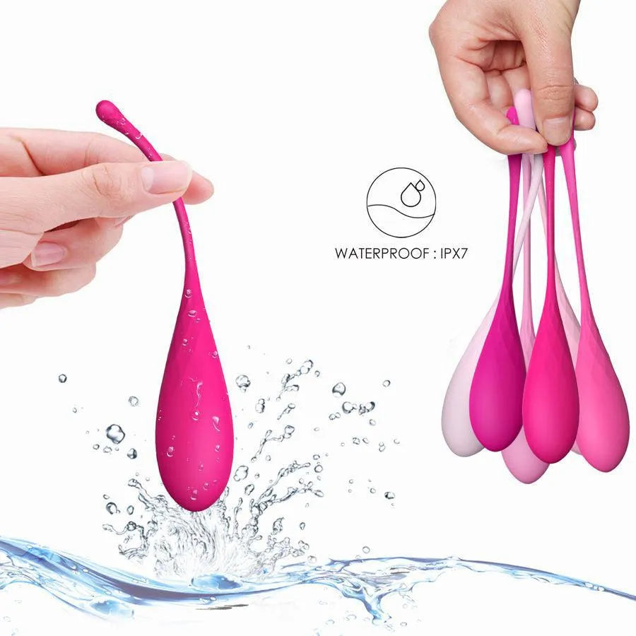 Boules de Geisha en silicone rose, étanches, pour renforcement pelvien, avec différents poids pour entraînement progressif.