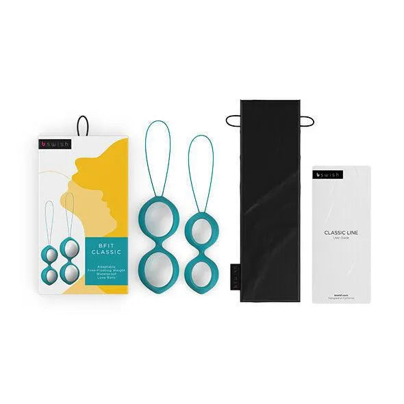 Boules de geisha bleues en silicone avec harnais, boîte et pochette noire, pour entraînement pelvien et couple.