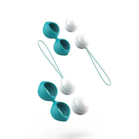Boules de geisha en silicone bleu et blanc, poids interchangeables, design ergonomique pour entraînement pelvien.