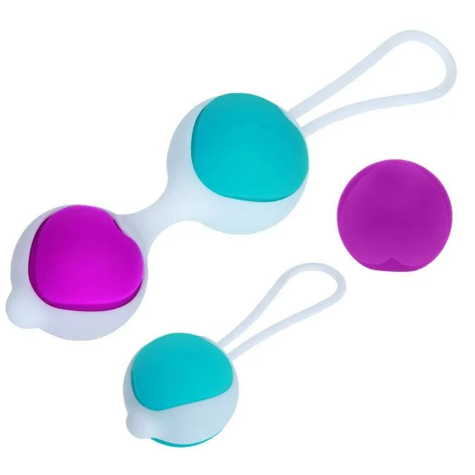 Boules de geisha en silicone bleu et violet, interchangeables, pour renforcement pelvien, avec cordon de retrait.