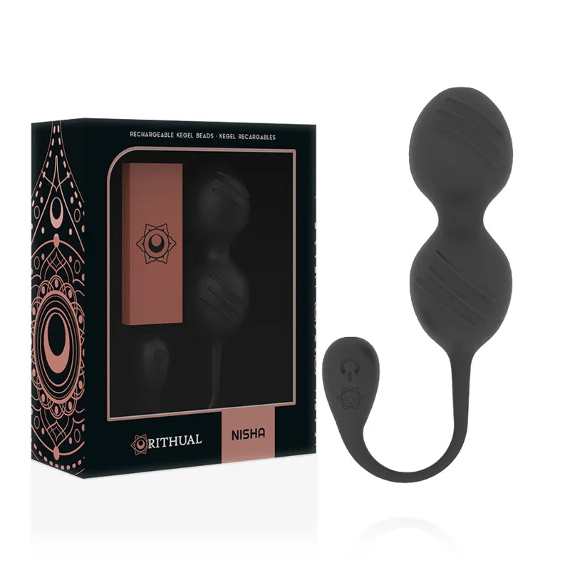 Boules Geisha noires en silicone médical, rechargeables, avec télécommande et câble USB, dans un emballage élégant.