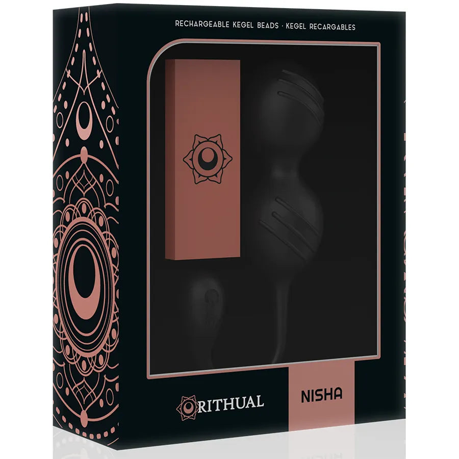 Boules Geisha noires en silicone médical, rechargeables, avec câble USB, dans une boîte élégante noire et rose.