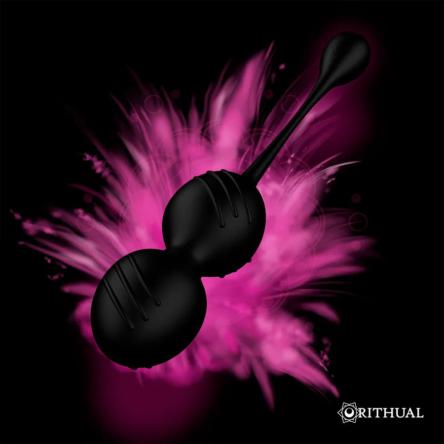 Boules Geisha noires en silicone médical, design ergonomique, fond rose vibrant, câble USB, renforcement pelvien.