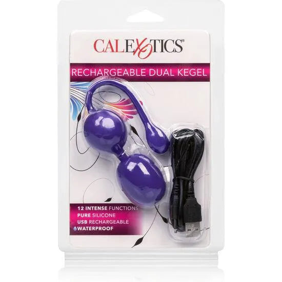 Boules de Geisha violettes en silicone imperméable avec câble USB, ergonomiques et rechargeables, emballage transparent.