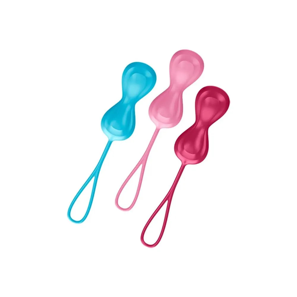 Boules de Geisha Satisfyer en silicone bleu, rose et rouge avec cordon, pour tonification périnéale et renforcement pelvien.