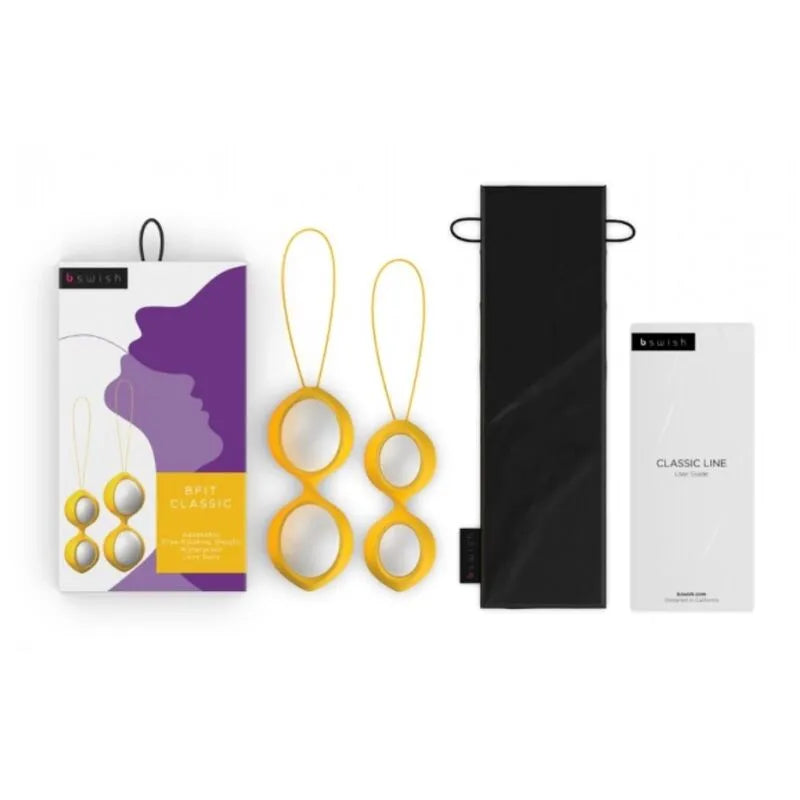 Boules Geisha jaunes en silicone avec cordes, boîte et pochette noires, pour entraînement Kegel et renforcement pelvien.