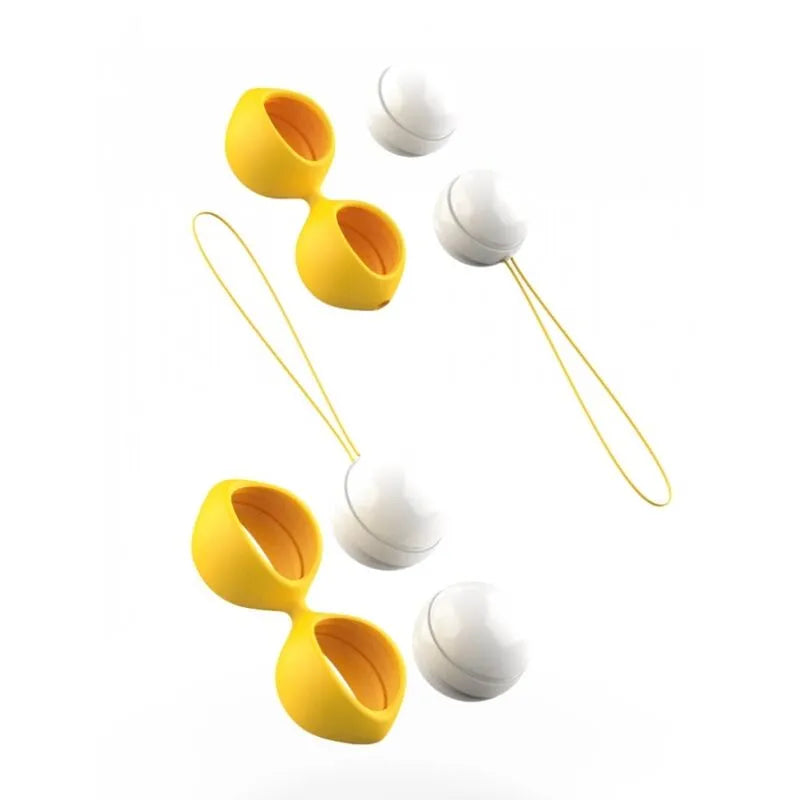 Boules de Geisha jaunes et blanches en silicone avec poids interchangeables pour entraînement Kegel, cordes ergonomiques.