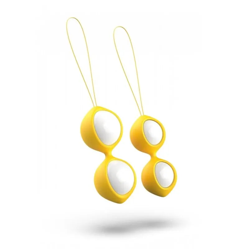 Boules Geisha jaunes en silicone avec cordes, poids interchangeables pour entraînement Kegel, ergonomiques et étanches.